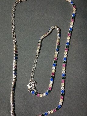 Multi-Color Cubic Zirconia Tennis Necklace And Bracelet - Silver Tone